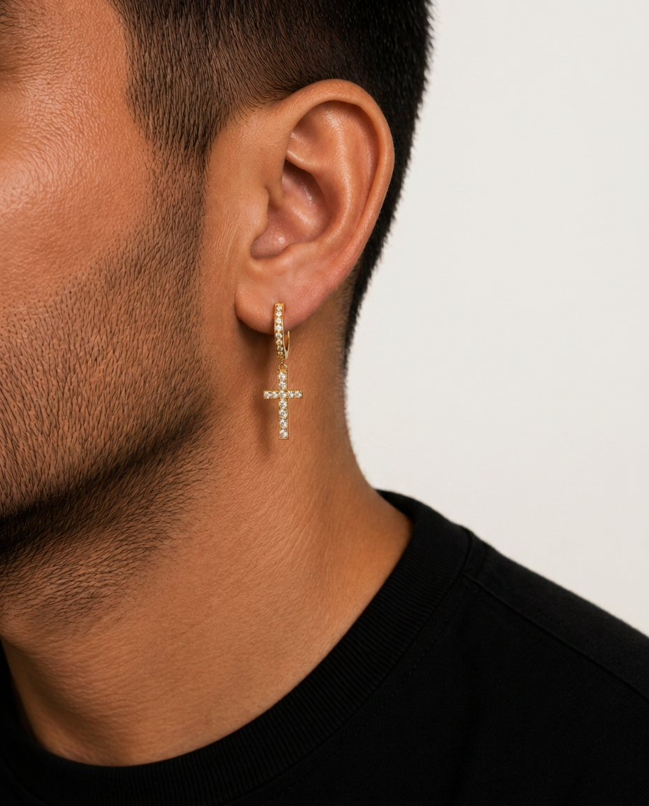 Thin Diamond Hoop Cross Earrings