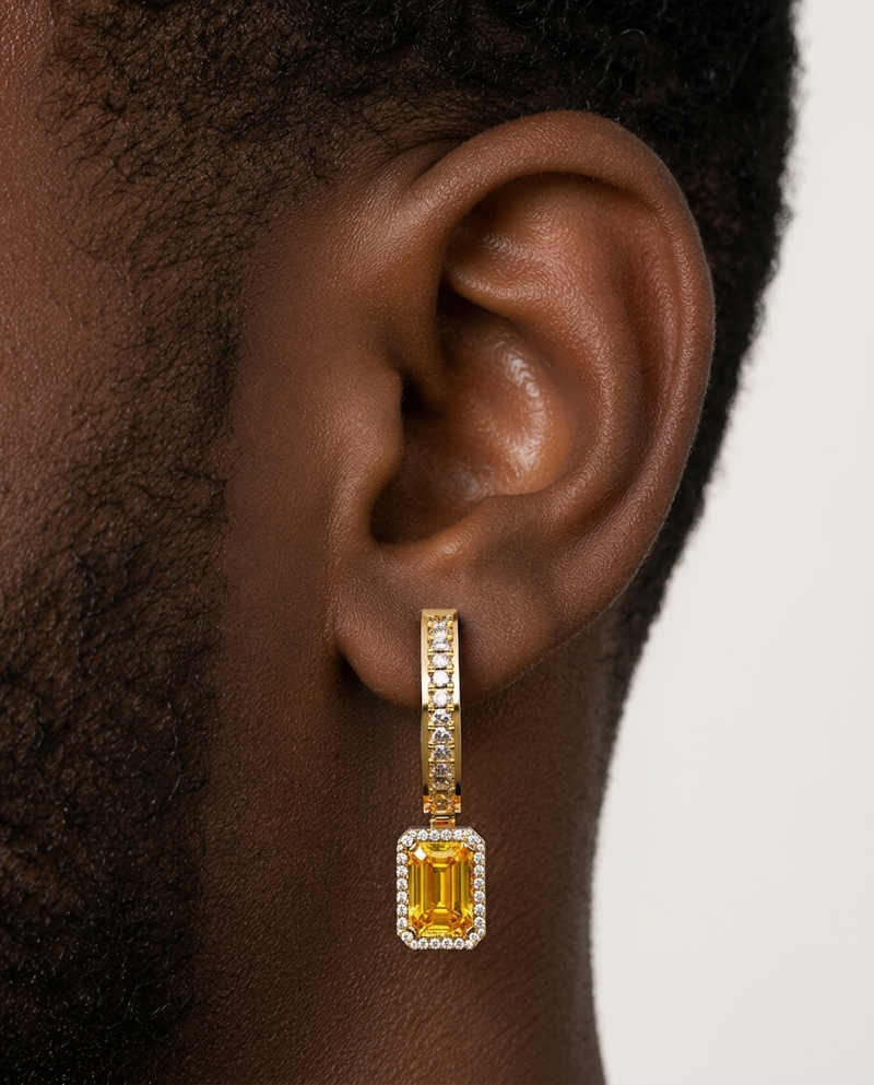 Emerald Hanging Hoop Earrings Yellow Gold