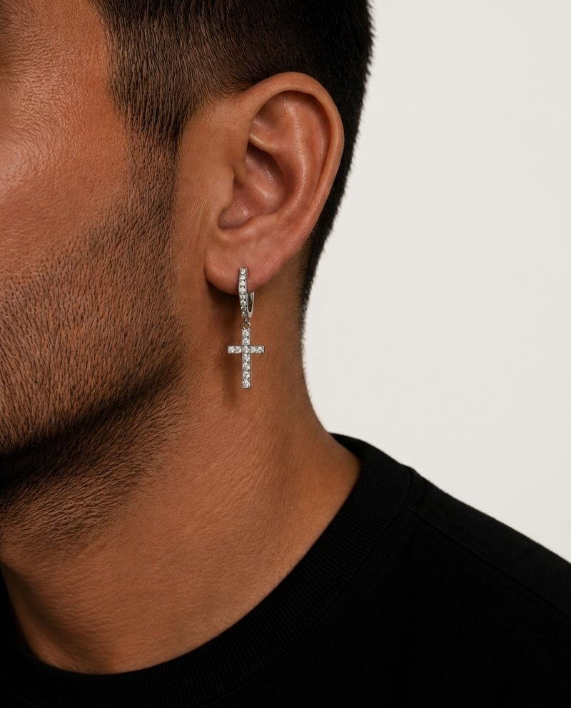 Thin Diamond Hoop Cross Earrings