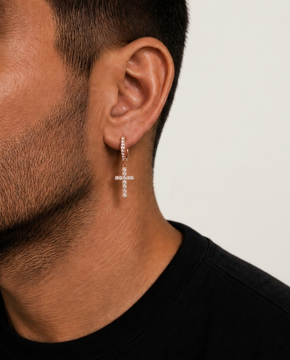 Thin Diamond Hoop Cross Earrings Rose Gold