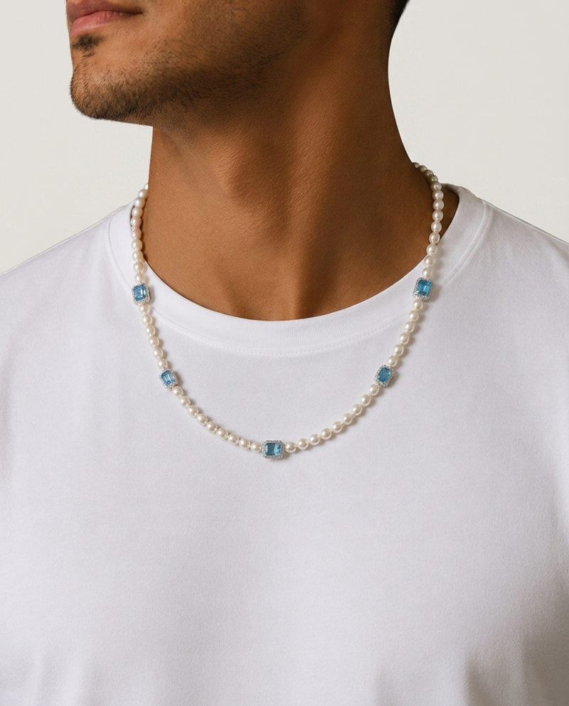 Pearl Diamond Blue Topaz Necklace White Gold
