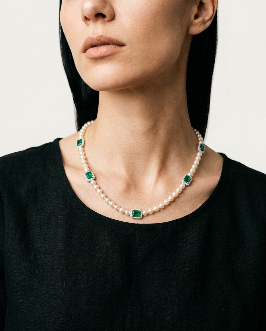 Pearl Emerald Necklace - For Her