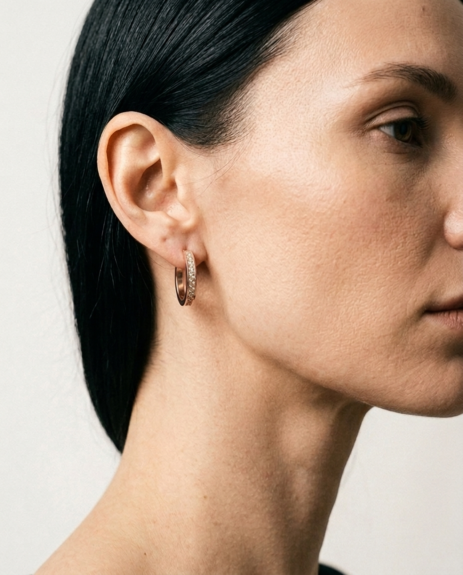 Thin Diamond Hoop Rose Gold on model