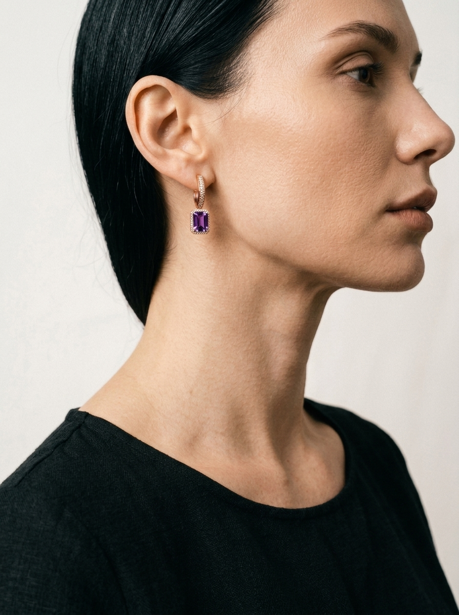 Emerald Hanging Hoop Rose Gold on model