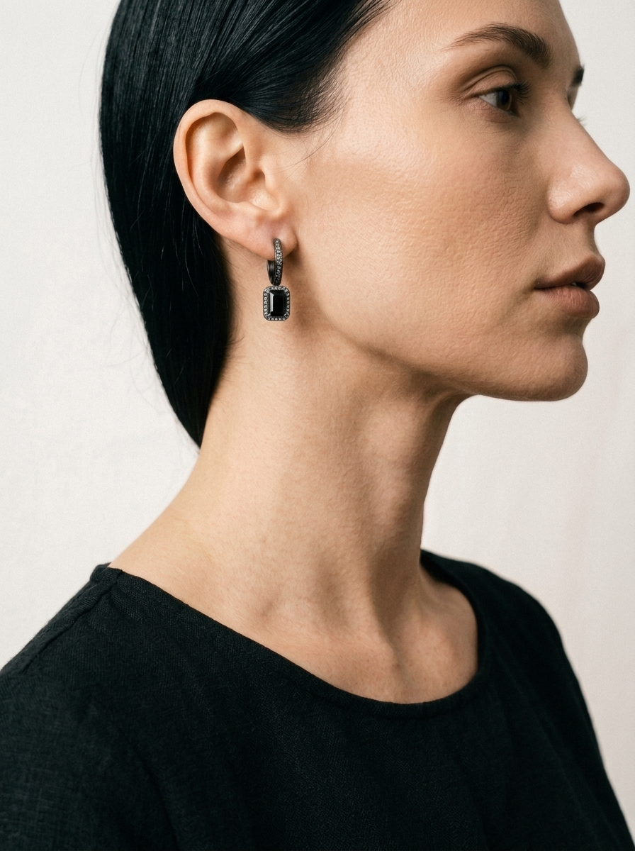 Emerald Hanging Hoop Black Gold on model