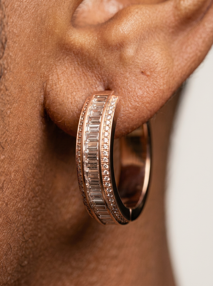 Diamond Baguette Hoop Earrings Rose Gold