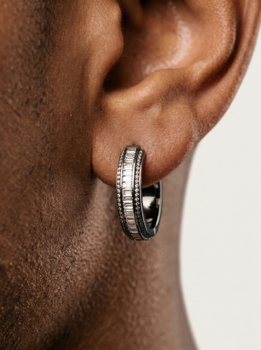 Diamond Baguette Hoop Earrings Black Gold
