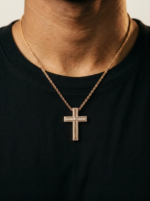 Baguette Diamond Cross Pendant Rose Gold