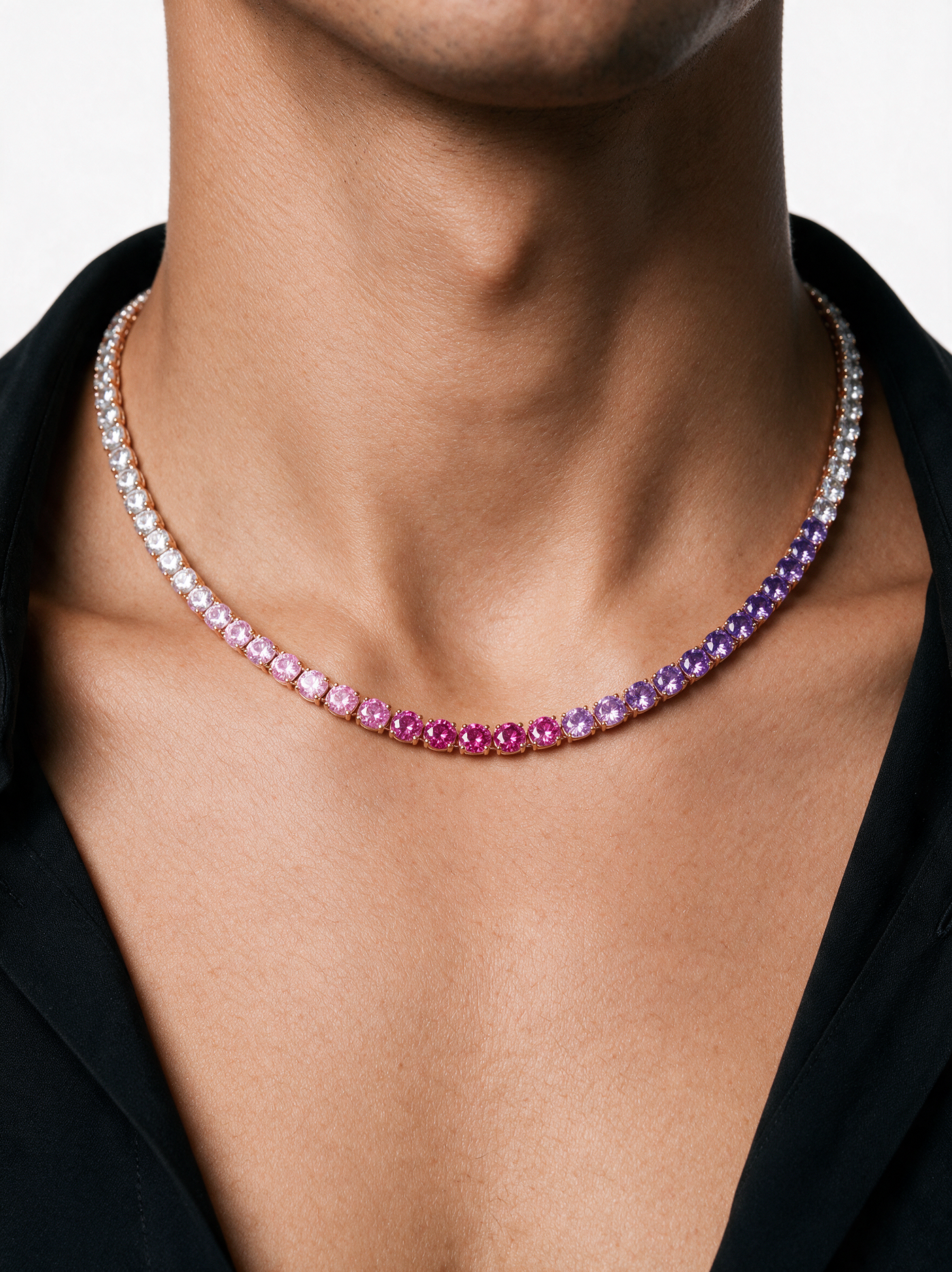 Gold Violet Blush Ombré Tennis Necklace worn on a man's neck