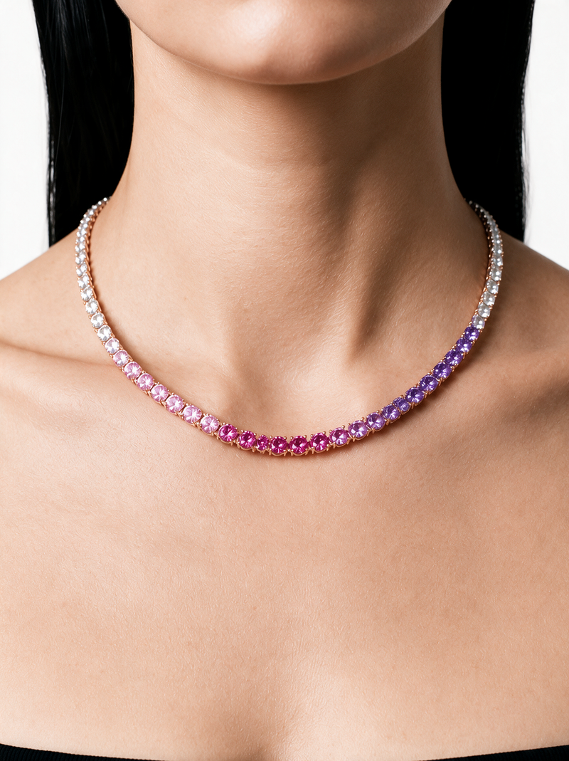 Gold Violet Blush Ombré Tennis Necklace worn on a woman's neck