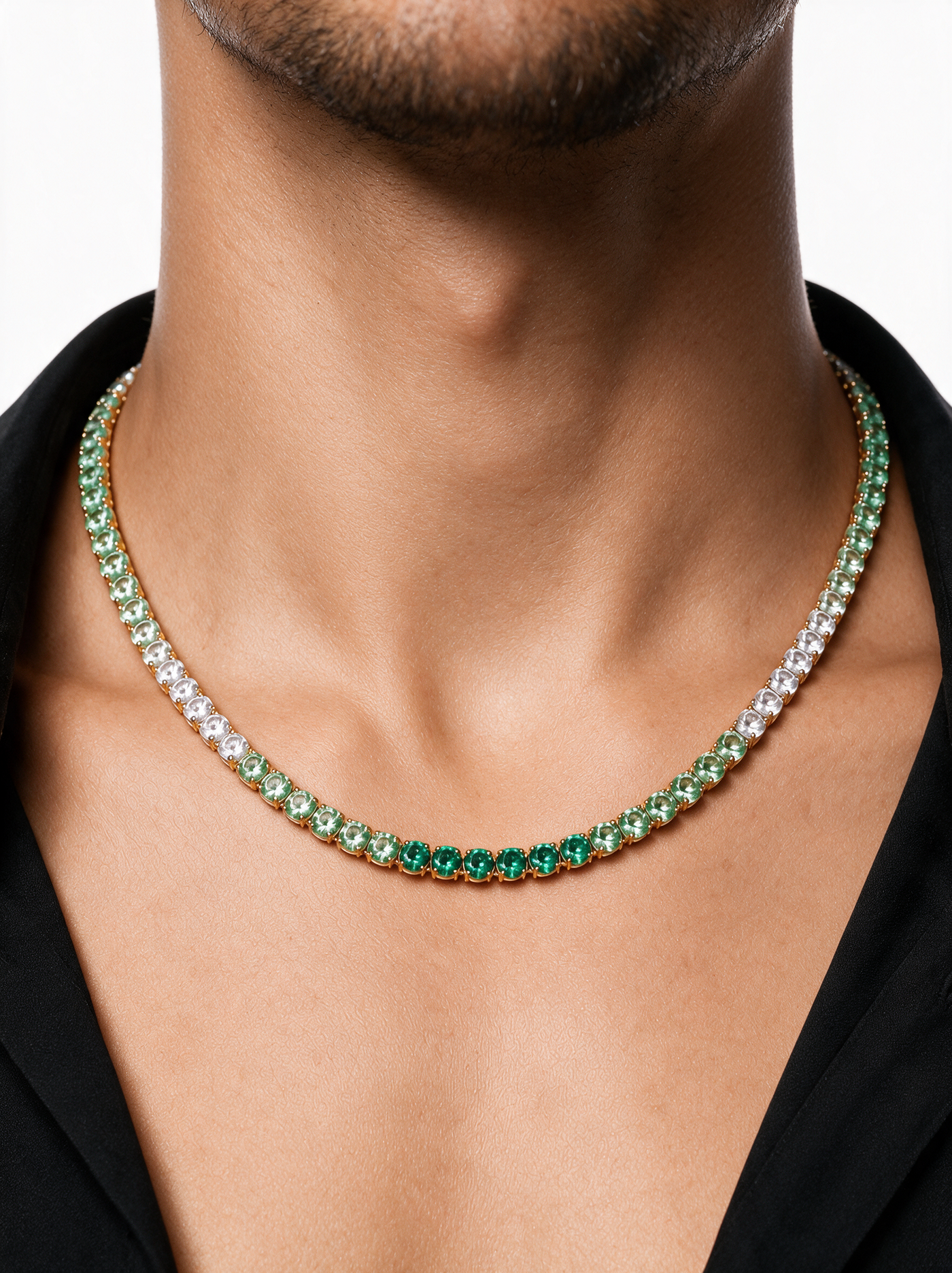 Gold Emerald Ombré Tennis Necklace worn on a man's neck