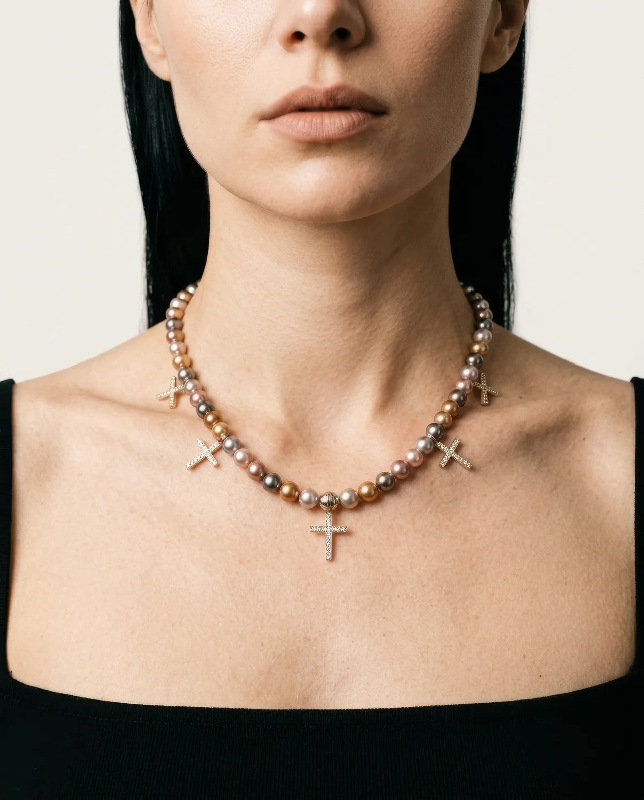 Diamond Pearl Cross Necklace - For Her